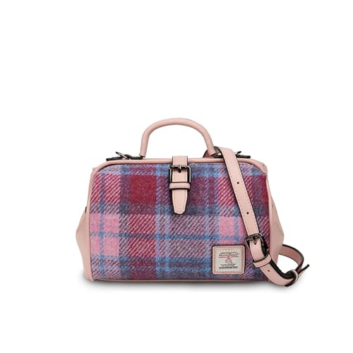 Islander Bolsa médica média para mulheres, Harris Tweed e couro vegano, tartã rosa e azul, Tartã rosa e azul