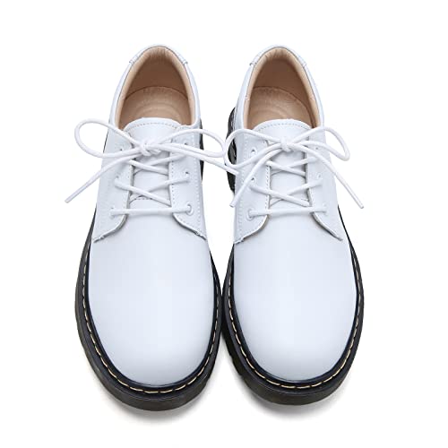 Women's Classic Oxfords Shoes Round Toe Leather Low Block Heels Lace-Up Slip-On Non-Slip Flats Work Office Dress Oxford Shoes White Us Size 8 #TOP3