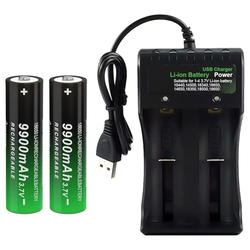 CWUU 3.7V 18650 Rechargeable Battery 9900mAh Universal Smart Charger for 26650 14500 16340 14250 (Button Top, 2 Pack+2 Bay Battery Charger)