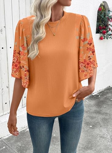 EVALESS 3/4 Length Sleeve Womens Tops Dressy Casual Blouses Cute Bell Sleeve Tops Floral Print Crewneck Patchwork Shirts 2026 Trendy Spring Summer Outfits Beach Vacation Clothes Orange Small — view 4