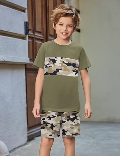 Image of Arshiner Boys' 2-Piece Cotton Outfit Color Block T-Shirt and Shorts Set Summer Camo Clothes for Kids 5-14 Years