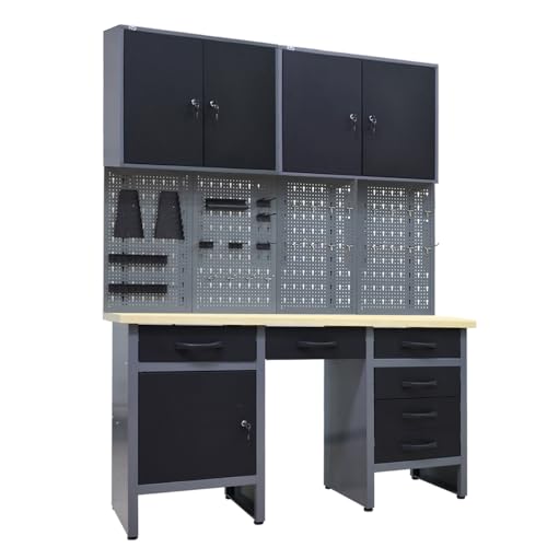 Image of JZD Metal Garage Workbench Desk Set System with Storage Cabinet, Wood Table Top for Workshop Utility Room
