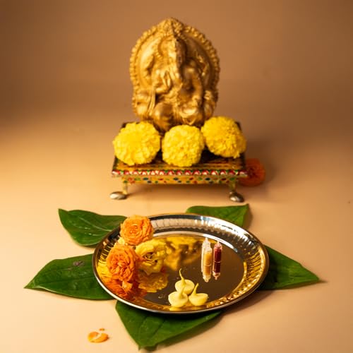 Image of PrettyKrafts Pooja Thali Big Size | 8.2 inch Brass Plate for Puja | Golden Thali for Pooja Plate | Puja Ki Thali | Elegant Pooja Thali Brass for Home & Festivals