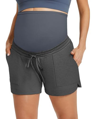 Maternity Casual Shorts for Women Pregnancy High Waist Drawstring Pocketed Shorts Summer Comfy Soft Lounge Shorts Charcoal Gray S