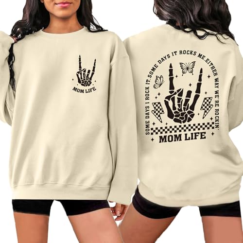 YHHR Mama Sweatshirts Mom Life Crewneck Sweatshirts Funny Mama Halloween Skeleton Rocker Graphic Sweatshirts Pullover Top Beige