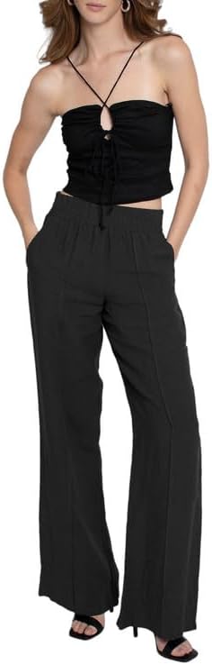 Nicole Miller Women's Linen Wide Leg Pull On Pants (Black, X-Large)
