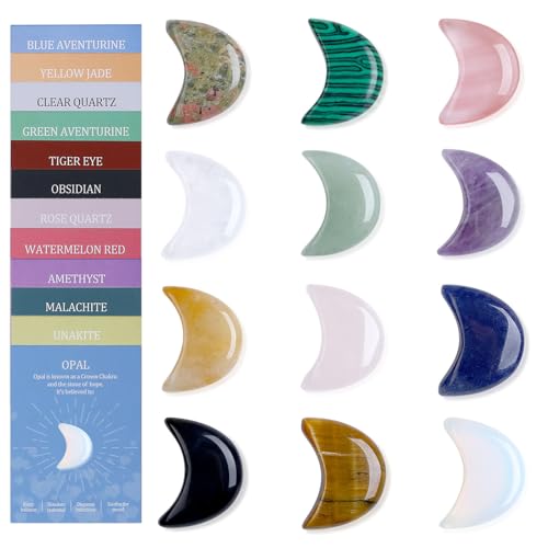 DUQGUHO Moon Stones and Healing Crystals 1 inch Moon Crystal Ornaments Set Energy Balancing Gemstones Meditation Polished Stone Christmas Ornaments Crystal Gifts for Women 12PCS