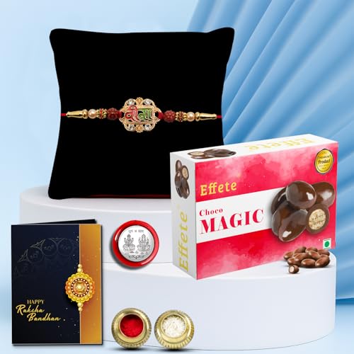 Image of DeoDap Multicolor Veera Design Rakhi Magic Gm) with Chocolate, Silver Pooja Coin, Tilak Set, Greeting Card - Rakhi Gift for Brother