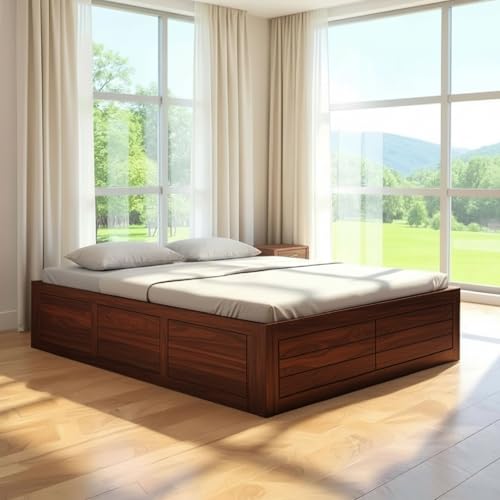 Image of Amazon Brand - Solimo Solid Sheesham Wood Queen Size Bed with Box Storage | Wooden Double Bed Cot Without Headboard | Storage Bed Frame for Bedroom Furniture (Walnut Finish)