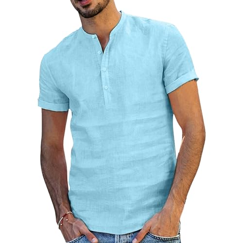 Aosufei Camiseta de lino con cuello en V y botones para hombre, manga corta, ajuste holgado, transpirable, informal, color liso, Azul oscuro, S