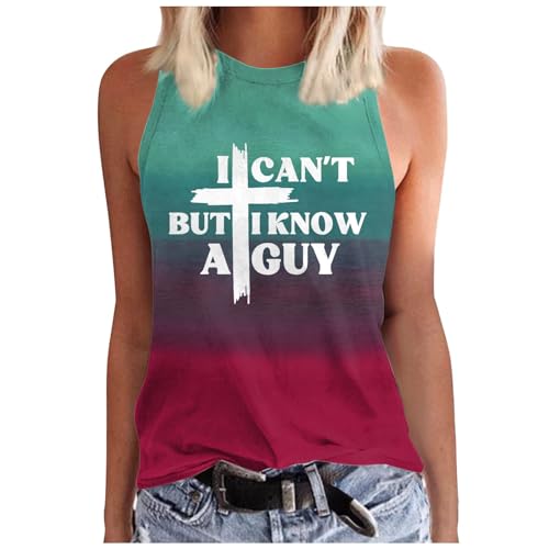 Generisch Camiseta sin mangas para mujer con estampado de letras degradadas, cuello redondo, camiseta informal (2), verde menta, L
