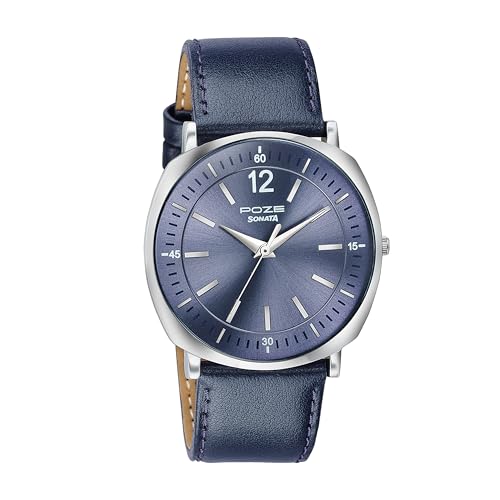 Image of Sonata Poze 6 Strokes and Stroll Quartz Blue Round Dial Men's Watch | Leather Strap Material | Watches for Men Analog - SP70002SL04