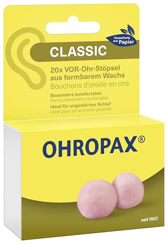 OHROPAX Classic Ohrstöpsel VOR-Ohr-Stöpsel zum Schutz vor Lärm Nässe und Wind aus formbarem anschmiegsamen Wachs bequem und für alle Ohren geeignet Schalldämmwert SNR 21 dB 20 Stück