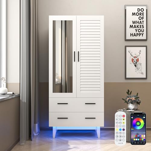 Image of Hlivelood 2 Door Armoire Wardrobe Closet Cabinet with Mirror, Drawers and LED Lights, Multi-Tier Shelves, Hanging Rod & 2 Louver Doors, Large Capacity Storage Wardrobe Armoire for Bedroom, White
