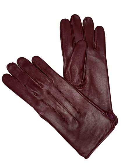 Genuine Leather Unlined Women Dress Gloves With Beautiful Standard Length Extended Up to 2 Inches From Wrist (Burgundy, Large)