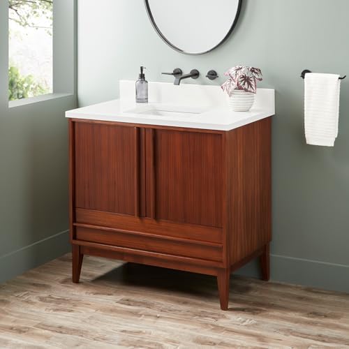 Signature Hardware 955207-36-RUMB Sybill 36" Freestanding Mahogany Single Basin Vanity Set with Cabinet, Vanity Top, and Rectangular Porcelain Sink - No Faucet Holes - Washed Walnut/Arctic White