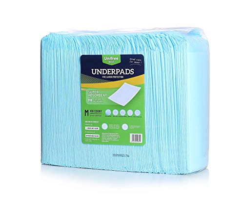 Unifree Disposable Underpad, Bed Pads, Incontinence Pad, Super Absorbent, 100 Count, Blue (M 24x24 Inch)