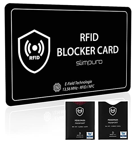 slimpuro Tarjeta Bloqueo RFID - Inhibidor de Frecuencia - Incluye 2 Fundas Pasaporte RFID y NFC acreditadas por TÜV - Una Sola Tarjeta Protege Toda tu Cartera: Tarjetas de Crédito Débito DNI Cover
