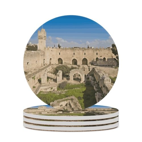 Israël à la Tour de David - Lot de 4 sous-Verres en céramique pour Table Basse - Design antidérapant et Absorbant - Convient pour Le vin et la bière