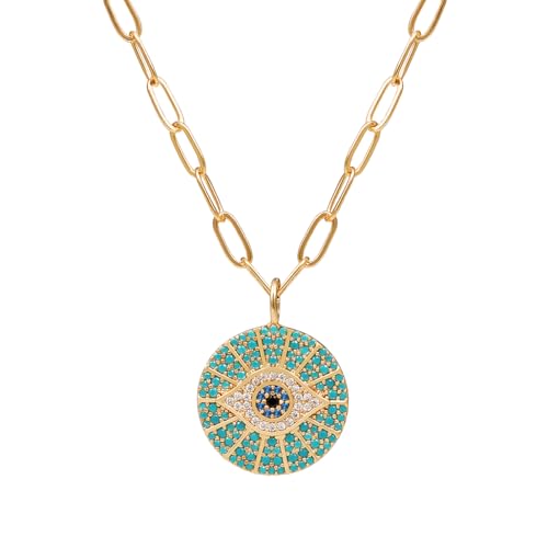 Obidos 14k Gold Plated Evil Eye Pendant Necklace for Women 18-20Inch,Round Circle Disk Minimalist Jewelry