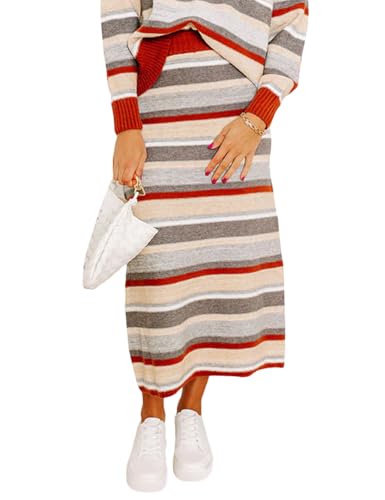IDEALSANXUN Womens Striped Sweater Skirt Fall Winter High Waisted Pencil Midi Long Skirt