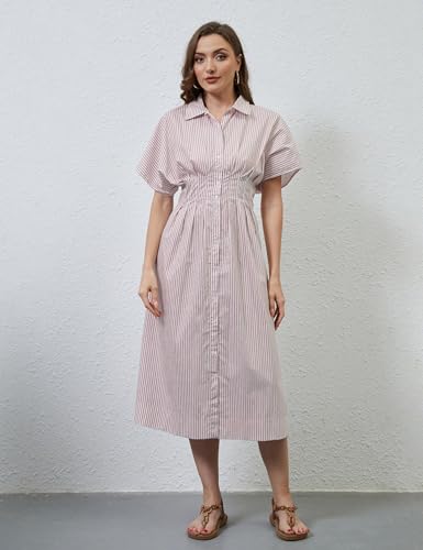 Image of MSBESYOR Women Button Front Pleated Shirt Maxi Dress Summer Striped Prints Short Sleeve Collar Casual Long Dresses