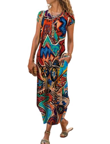 Image of Women Summer Casual Maxi Dress Floral Printed Loose Pockets Short Sleeve Split Boho Dresses
