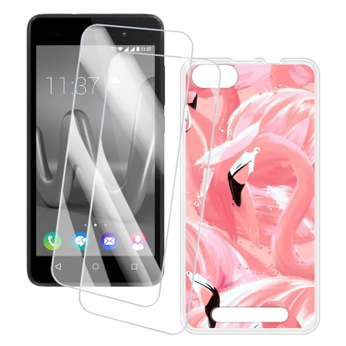 OAGELIM 2 Pack Protège-Écran + Coque Compatible avec Wiko Jerry (5 Pouce) Coque Impression Artistique Personnalisée et Film Verre Trempé (Flamants)