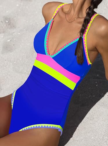 Image of popvil One Piece Swimsuit for Women Tummy Control Bathing Suit V Neck Slimming Neon Color Block Swimwear