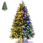GiantexUK 5FT/6FT Pre-Lit Christmas Tree, Artificial Hinged Pine Xmas Tree with 250/350 LED Lights, 11 Flash Modes, 581/899 Tips, Pine Cones & Red Berries, Festival Snowy Decoration Tree (5ft/1.5m)