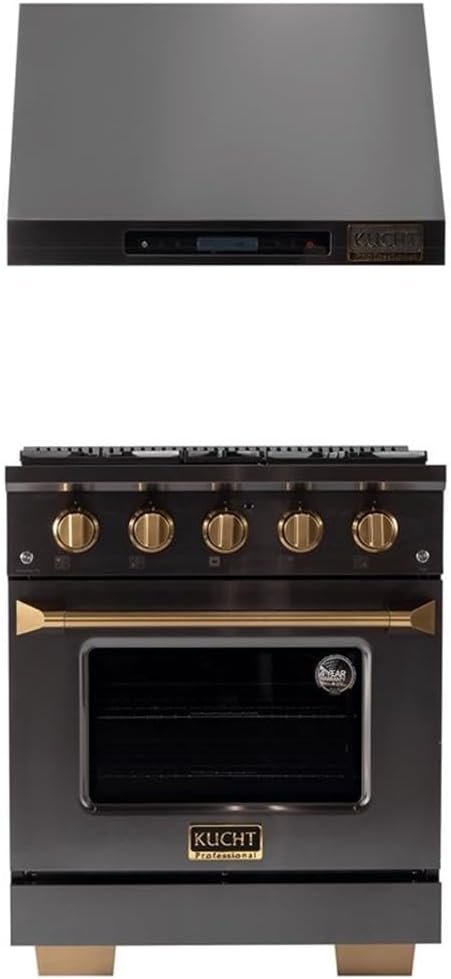 Pemberly Row 30 in Dual Fuel Range & Under Cabinet Range Hood, Titanium Stainless Steel with Gold Accents, 4-Burner Gas Cooktop, 4.2 cu ft Convection Oven, Heavy Duty Grates, LCD Display, Kitchen Use