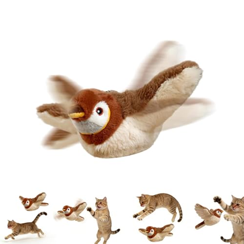 Automatic Interactive Flying Bird Cat Toy with Flapping Wings & Simulated Chirping - Motion Activated Feather Toy for Indoor Cats