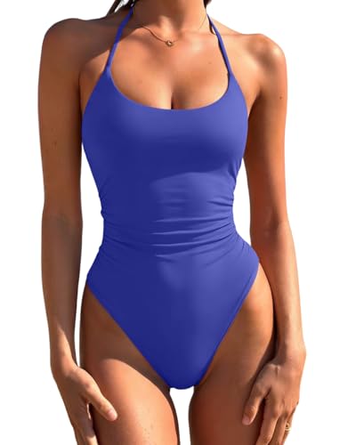 Image of LASLULU Womens One Piece Swimsuits Halter Bathing Suit | Ruched Tummy Control,Cute and Sexy Swimwear,High Cut Cheeky Backless Full Coverage,Swim Suits for Women 2026