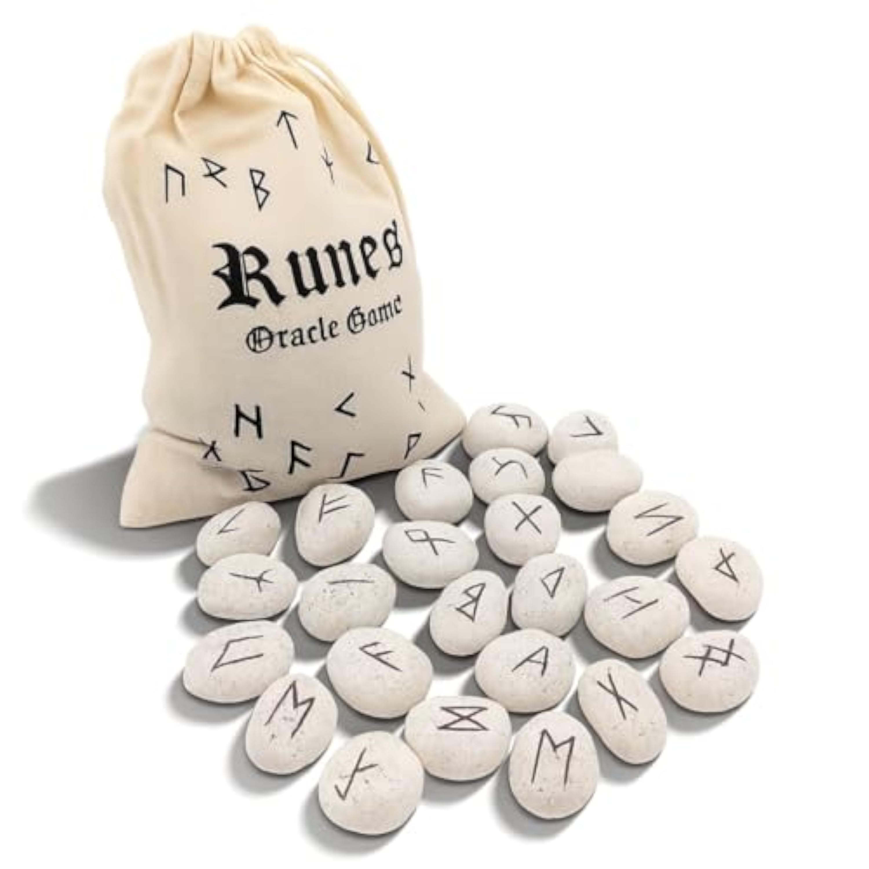 PURAJA Juego de piedras rúnicas: cerámica | con alfabeto Elder Futhark | 25 piedras rúnicas de cerámica en bolsa de algodón | Juego de runas mágicas