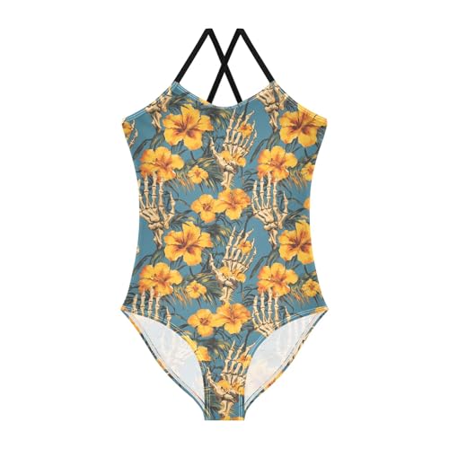 senya Girls Swimsuits One-Piece Swimwear Tie Bathing Suit Beach Summer Round Neck 7-8T Skeleton Hand Hawaiian Flower Pattern