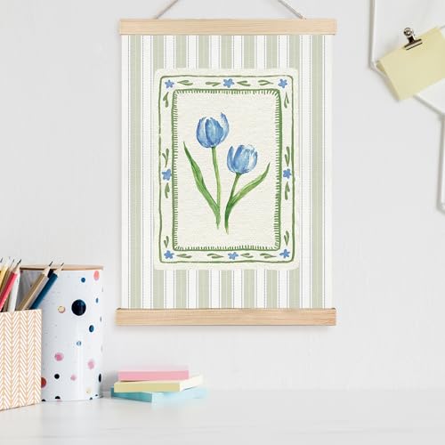 Image of PQKIY Grandmillennial Blue and Green Tulip Wall Art Poster Hanger Frame 12x16 in, French Country Cottagecore Floral Botanical Striped Wall Decor Canvas Prints for Home Bedroom Living Room