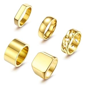 Sanfenly 5 PCS 14K Gold Rings for Men Mens Gold Ring Mens Stainless Steel Rings Square Signet Rings Pinky Thumb Ring Chunky Thick Band Cuban Link Chain Ring Cool Finger Ring Wedding Band Ring for Men（Size 7-15）