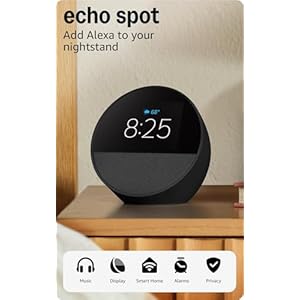Amazon Echo Spot (newest model), Great for nightstands, offices and kitchens, Smart alarm clock with Alexa+ Early Access, Black