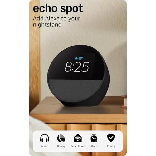 Amazon Echo Spot (newest model), Great for nightstands, offices and kitchens, Smart alarm clock with Alexa+ Early Access, Black