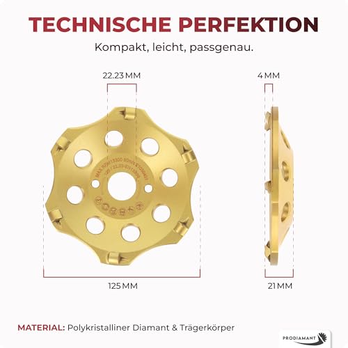 PRODIAMANT PKD Diamantschleiftopf 125mm für Winkelschleifer - 6 Segmente für Beton, Estrich & robuste Beschichtungen - langlebig und leistungsstark
