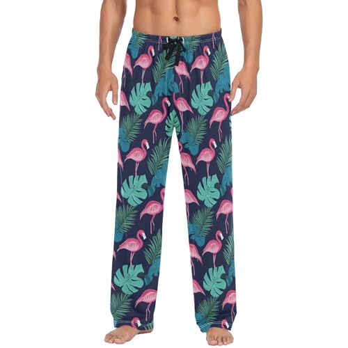 Mens Pajama Pants Tropical Flamingo Palm Leaves Soft Lounge Sleep Pj Bottoms with Drawstring Pockets2