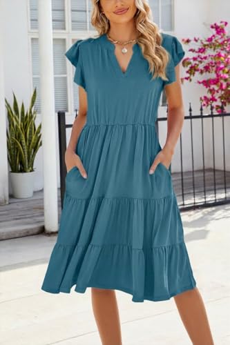 Image of Womens Summer Dress Ruffle Sleeve V Neck Midi Dresses Casual Fit Flowy Tiered Boho Beach Vacation Sundress