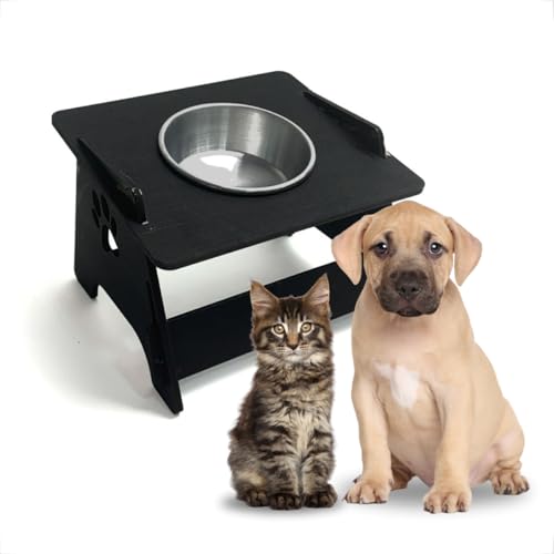 Comedouro Pet Elevado 14cm Em Mdf Preto Pote Inox Minimalista