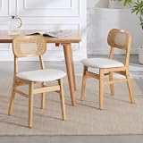 Ya Home Lot de 2 Chaise de Salle à Manger en Rotin avec Coussin Chaise de Cuisine en Bois Chaise Rembourrée en Bois, Cuir PU, Blanc