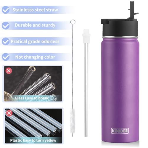 Image of koodee 2 Pack Water Bottle With Straw 26 oz Stainless Steel Insulated Wide Mouth Water Bottle for Adult Reusable BPA Free (Purple-Black)