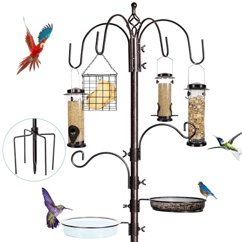 6-Hook Bird Feeding Station Kit, Wild Bird Feeder Stand Pole, Multi-Feeder Kit Stand with 4 Feeders, Bird Bath and Mesh Tray, 94 Inch