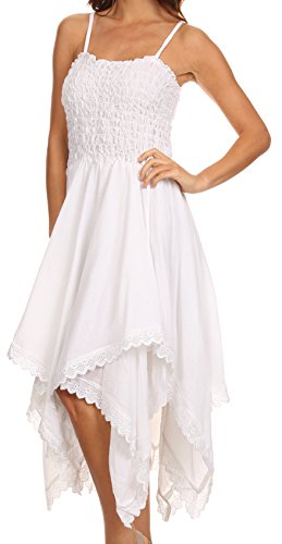 Sakkas 2058 - Ella Smocked Bodice Spaghetti Strap Double Layered Dress - White - Os #TOP3