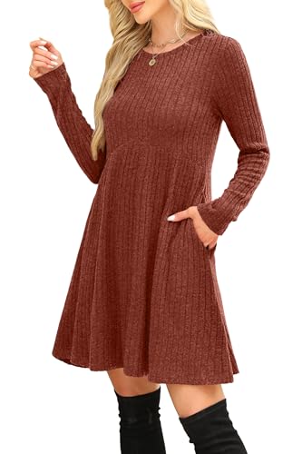 OFEEFAN Long Sleeve Dress for Women Crew Neck Empire Waist Tunic Dress with Pockets - Image 5