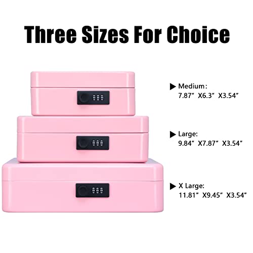 Image of KYODOLED Metal Cash Box with Combination Lock Money Box for Cash Safe Metal Box with Money Tray for Security Lock Box 11.81 inchx 9.45 inchx 3.54 inch Pink X Large