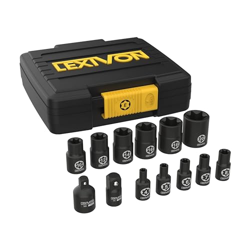 LEXIVON Set de Acoplamiento de Tornillo E-TORX, (Aleación de Acero y cromo Vanado) Set de 13-Piezas Hembra de estrella Enchufe E4 - Conjunto E20 con Funda de almacenamiento mejorada (LX-147)